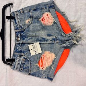 Signature8 Distressed Denim Shorts with Neon Orange Accents